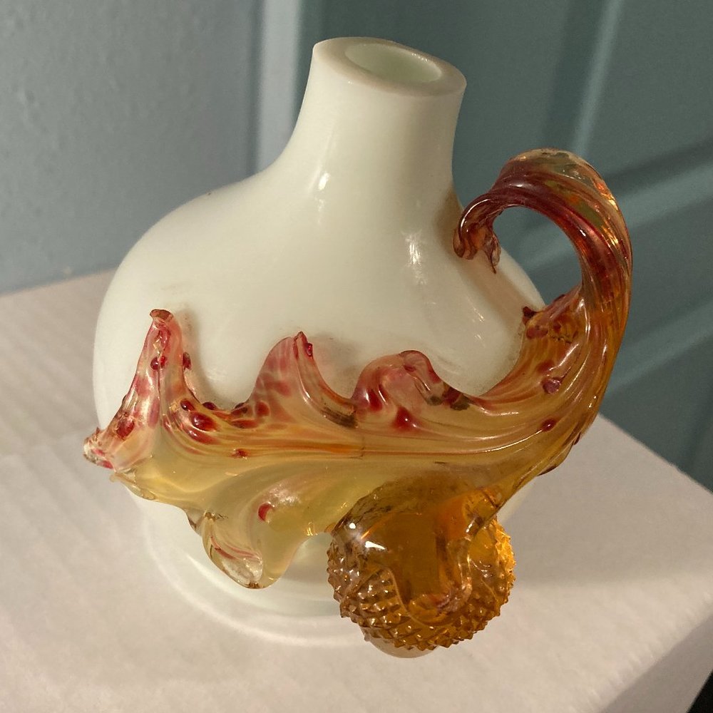 ANTQ 1900's Stevens and Williams Opalescent Glass Vase w/amber acorn&leaf handle